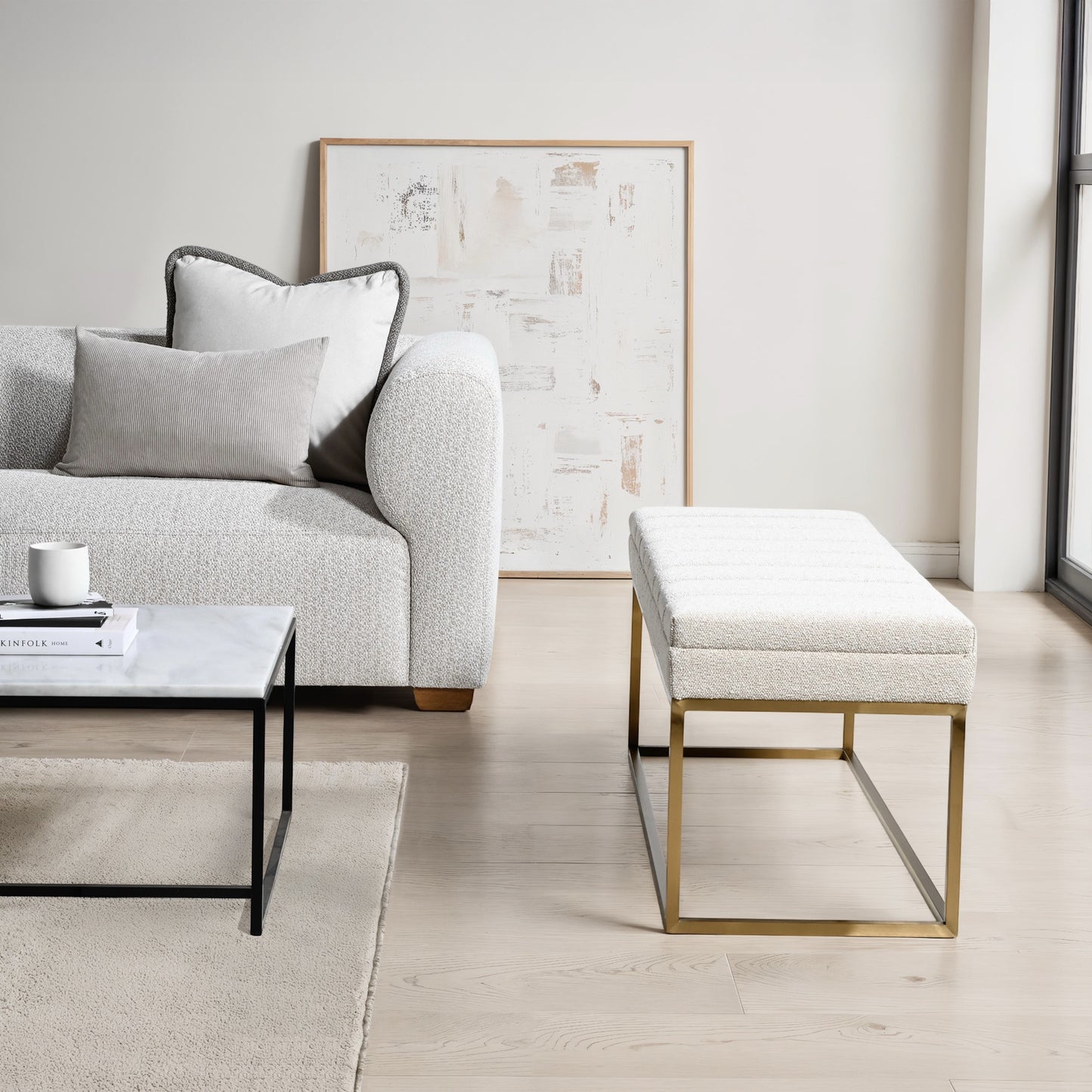 FRANKLIN OTTOMAN – OATMEAL – BRUSH GOLD FRAME