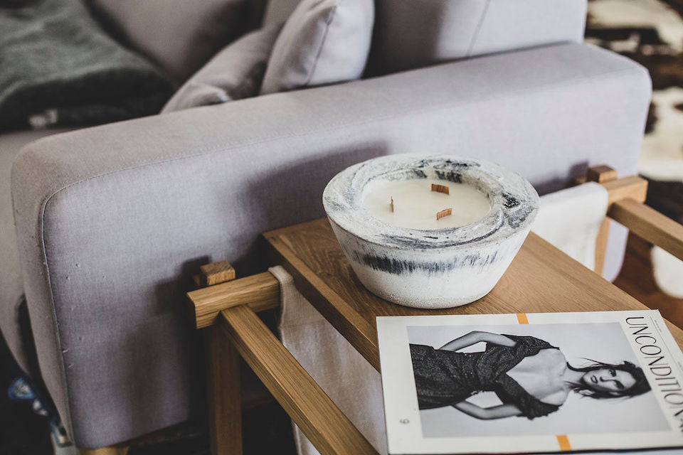 Concrete Candle Medium, Marbled black + white with New York