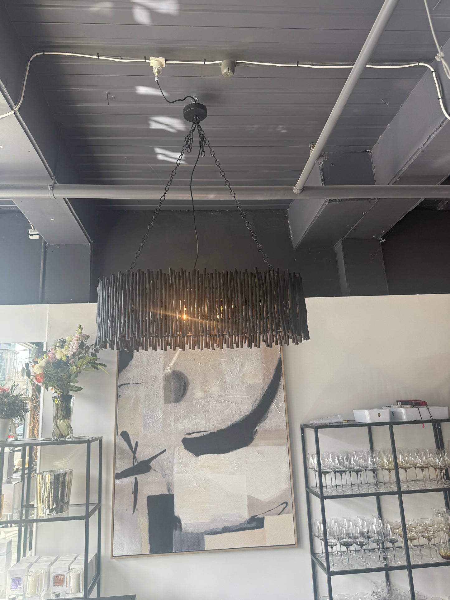 Wood Candle Stick Oval Chandelier Black