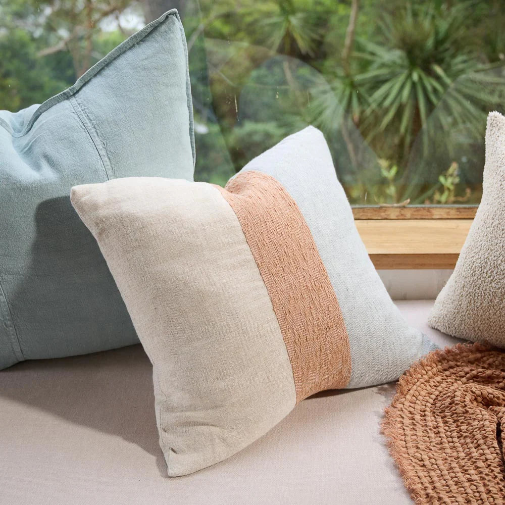 Tallows Linen Cushion - - Natural/Ochre/Blue - 50x50cm