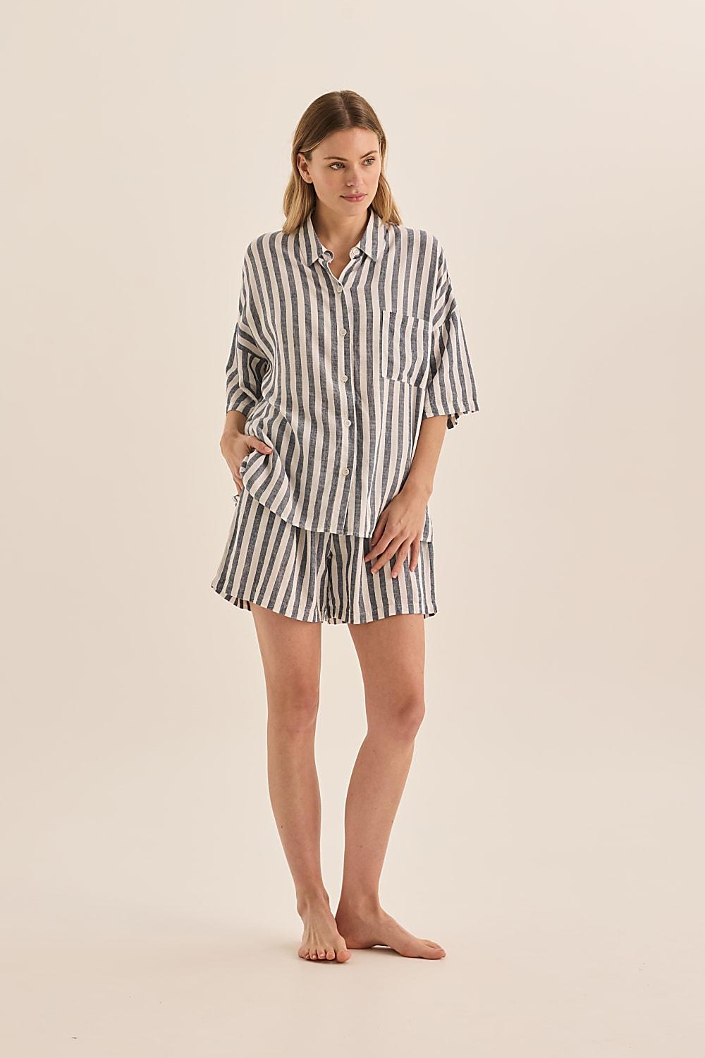 Evie Stripe Linen Short Set - Navy