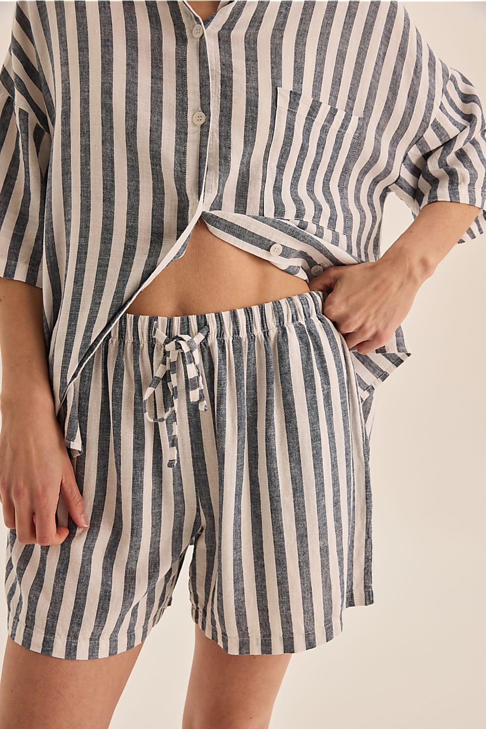 Evie Stripe Linen Short Set - Navy