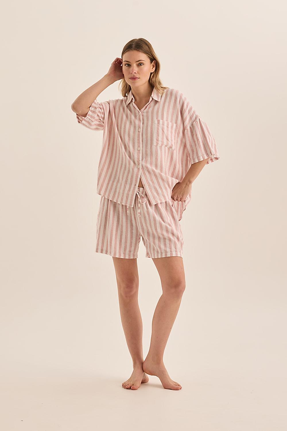 Evie Stripe Linen Short Set - Pink