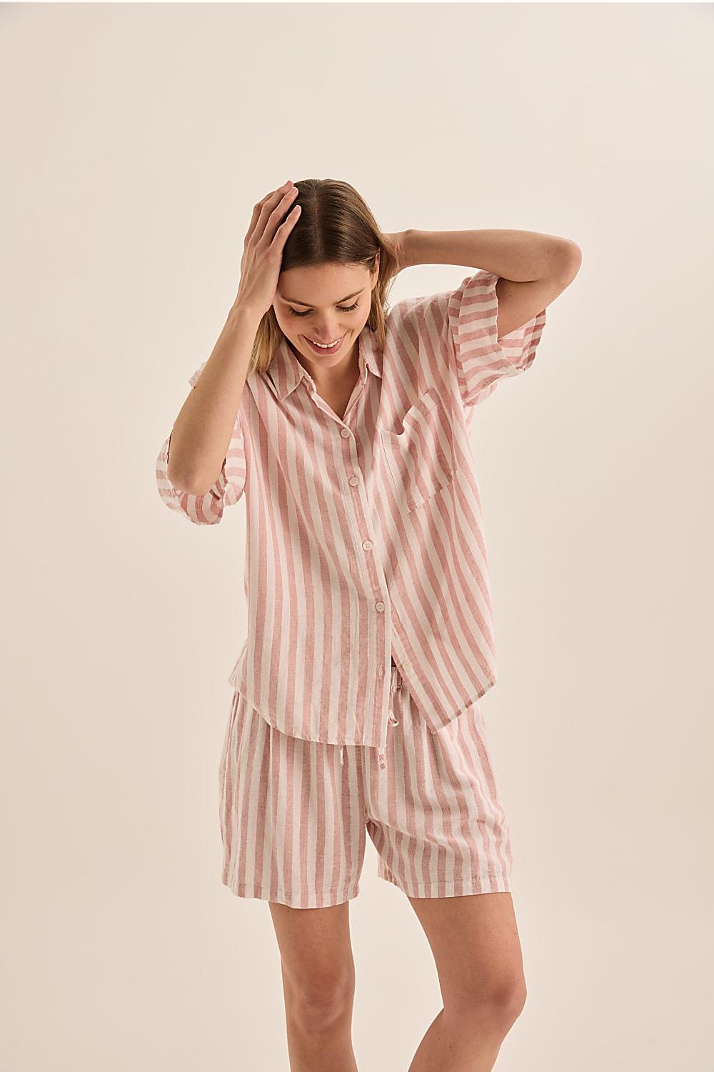 Evie Stripe Linen Short Set - Pink