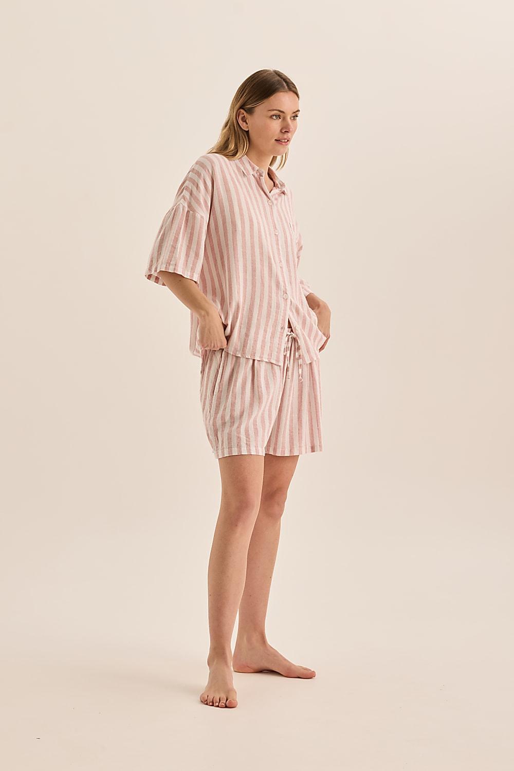Evie Stripe Linen Short Set - Pink