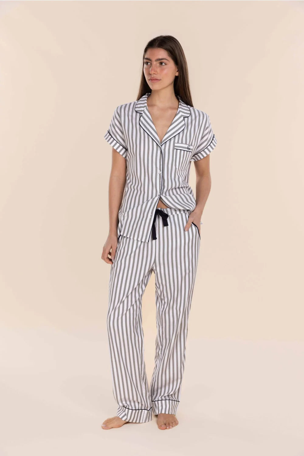 Winona Cotton Long PJ Set - Olive Stripe