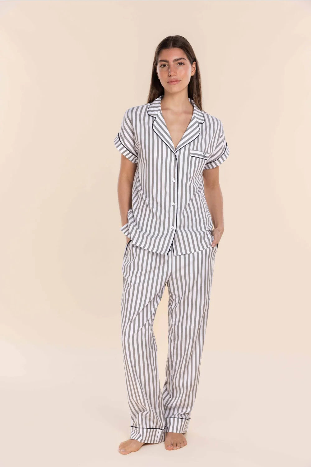 Winona Cotton Long PJ Set - Olive Stripe