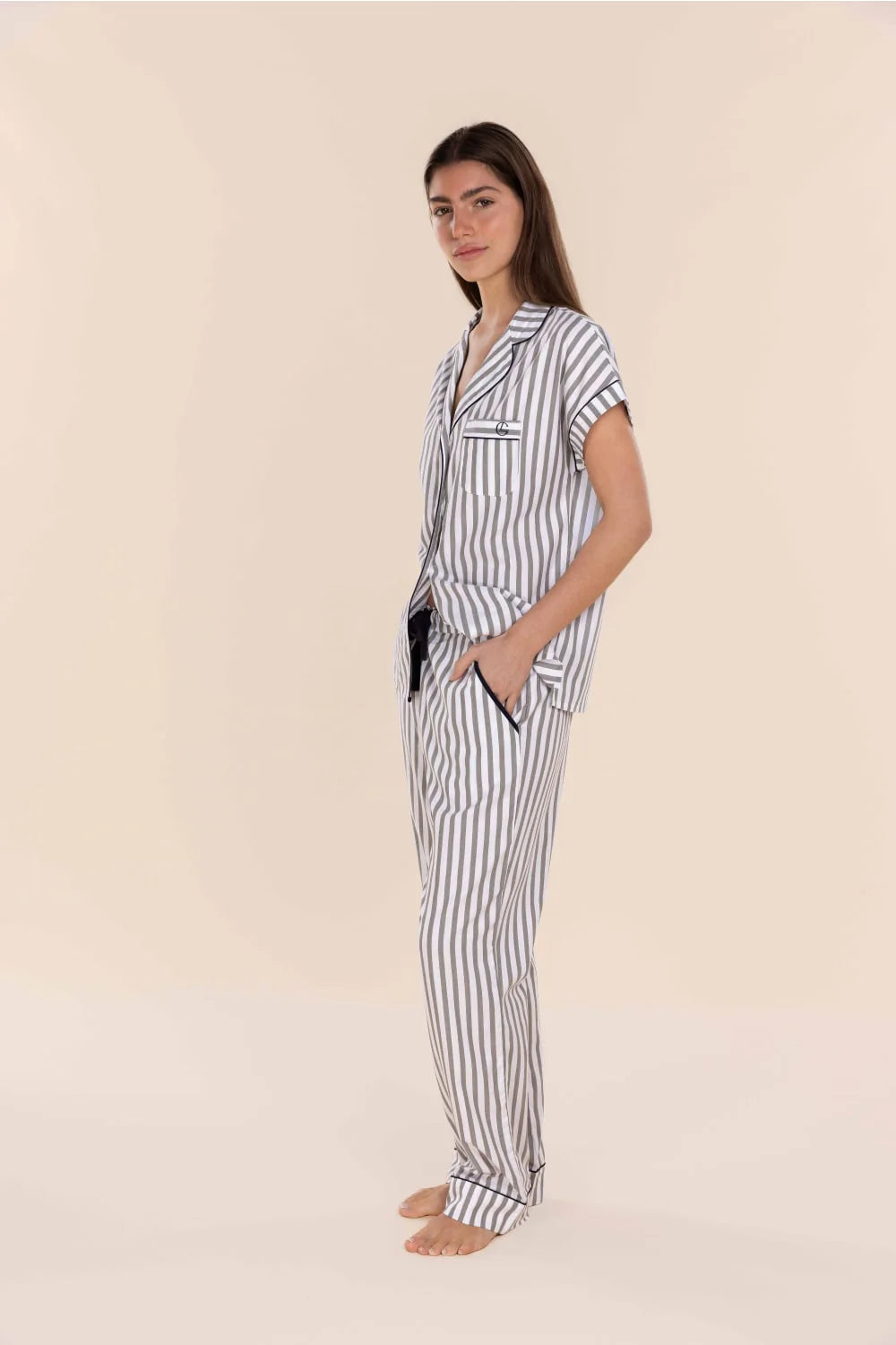 Winona Cotton Long PJ Set - Olive Stripe