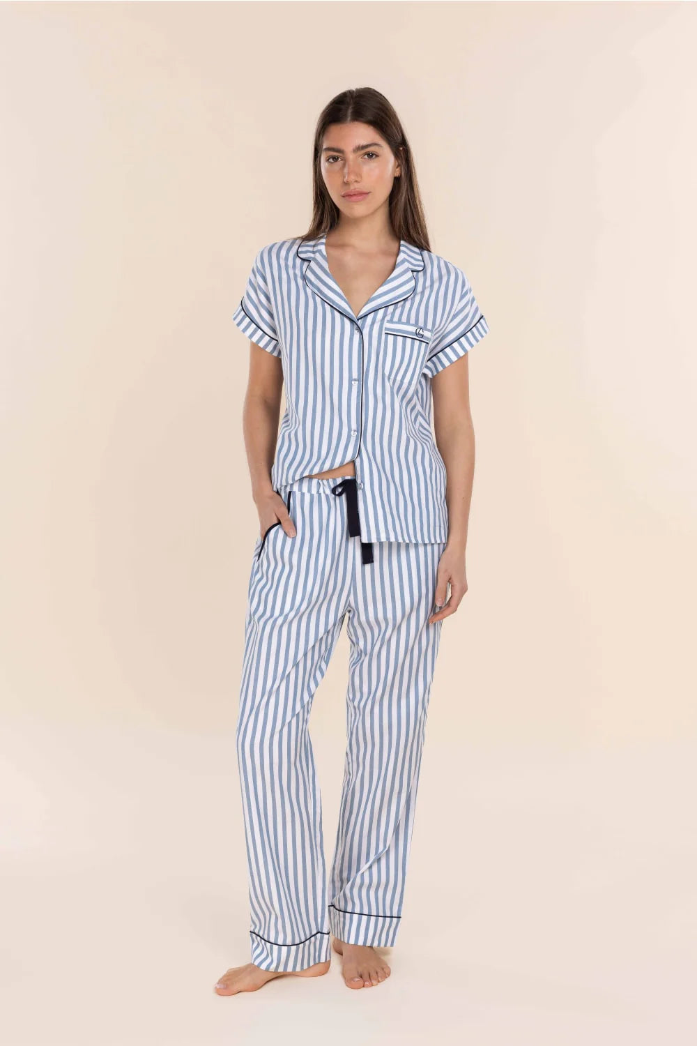 Winona Cotton Long PJ Set - Blue Stripe