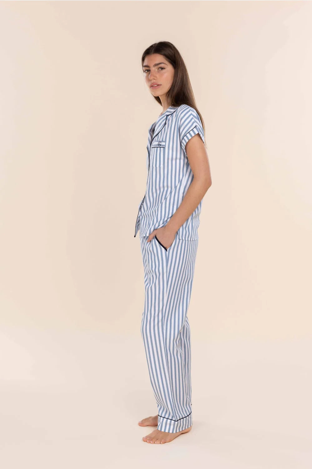 Winona Cotton Long PJ Set - Blue Stripe