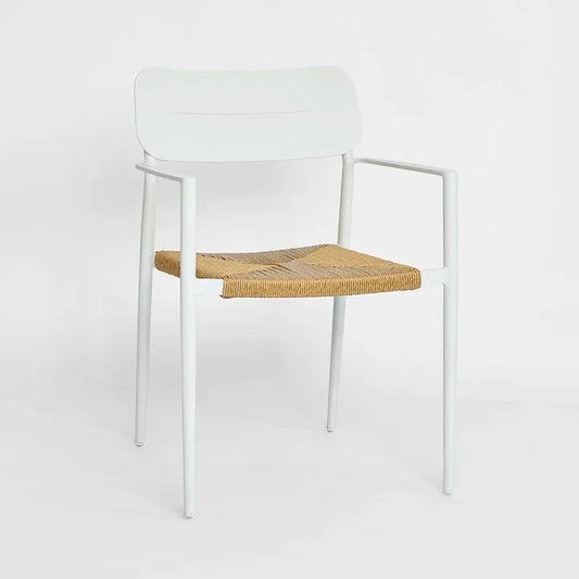 CASPER STACKABLE DINING CHAIR WITH WHITE ARMS & NATURAL WEAVE OUTDOOR