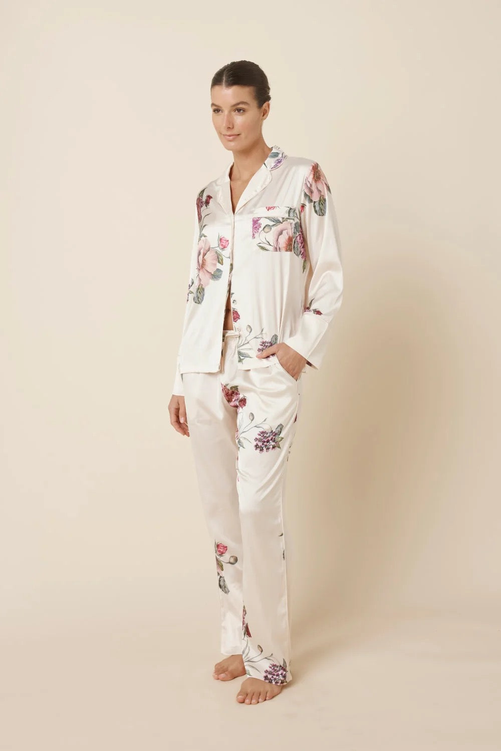 Ruby Floral Satin PJ set - Ivory