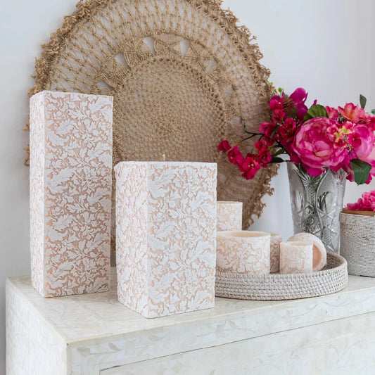 Damask 10" square pillar ivory & white