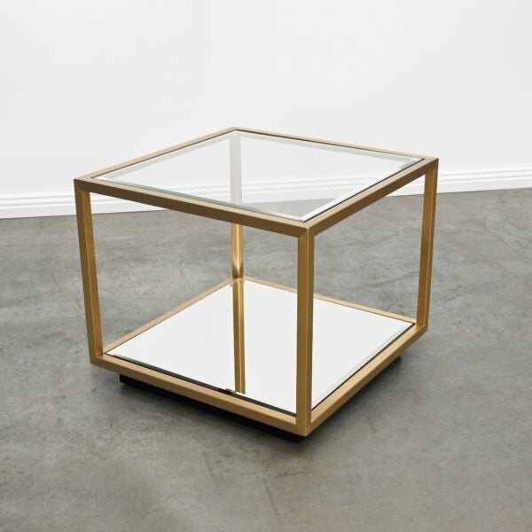 MINA SIDE/COFFEE TABLE – BRUSHED GOLD CLEAR GLASS – TALLER