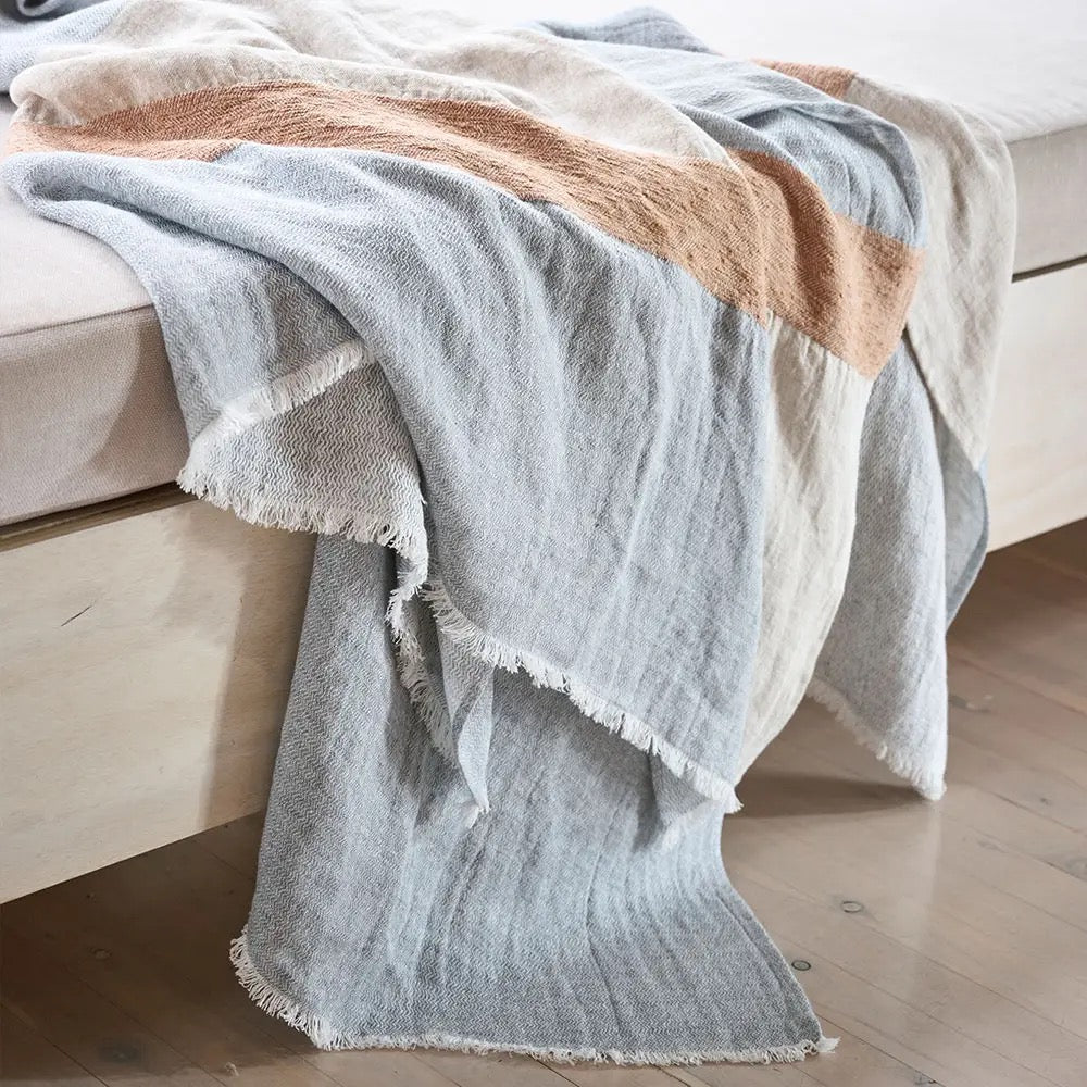 Tallows Linen Throw - Natural/Ochre/Blue