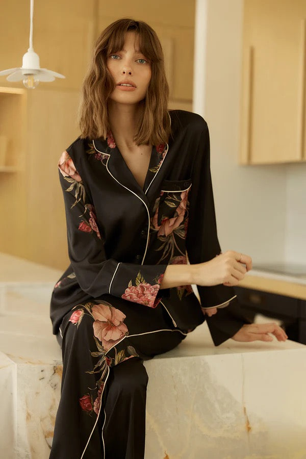 Ruby Floral Satin PJ set - Black