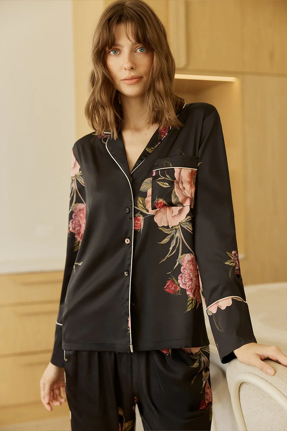 Ruby Floral Satin PJ set - Black
