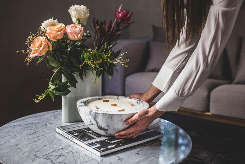 Extra Large Concrete Candle,  Marbled black + white with New York