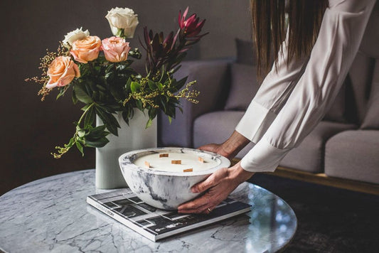 Extra Large Concrete Candle,  Marbled black + white with New York